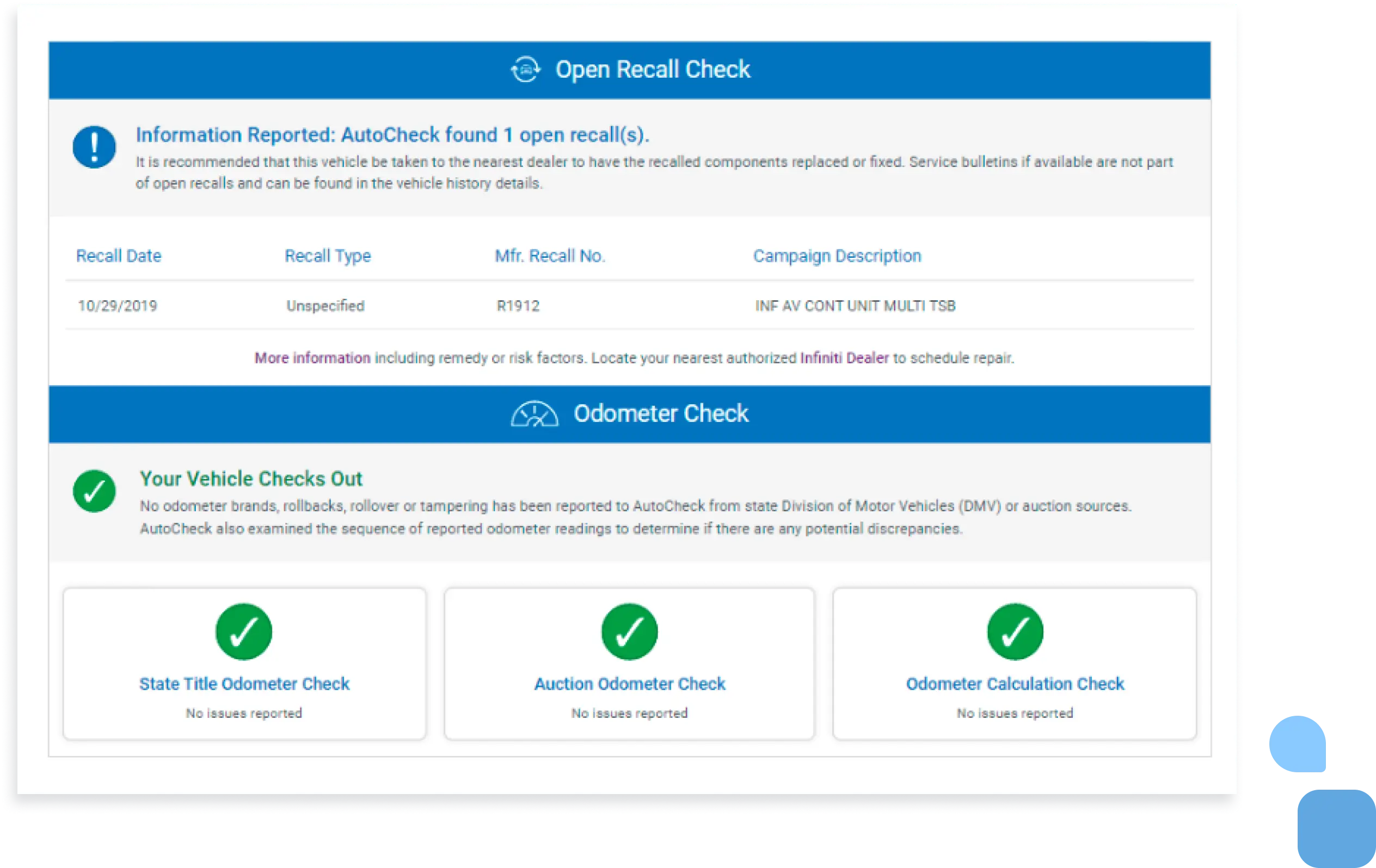 Open recall check / recall check Odometer check